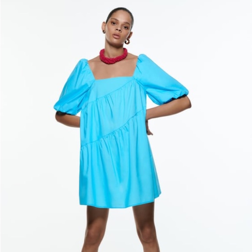 Zara Tiered Poplin Dress - Blue